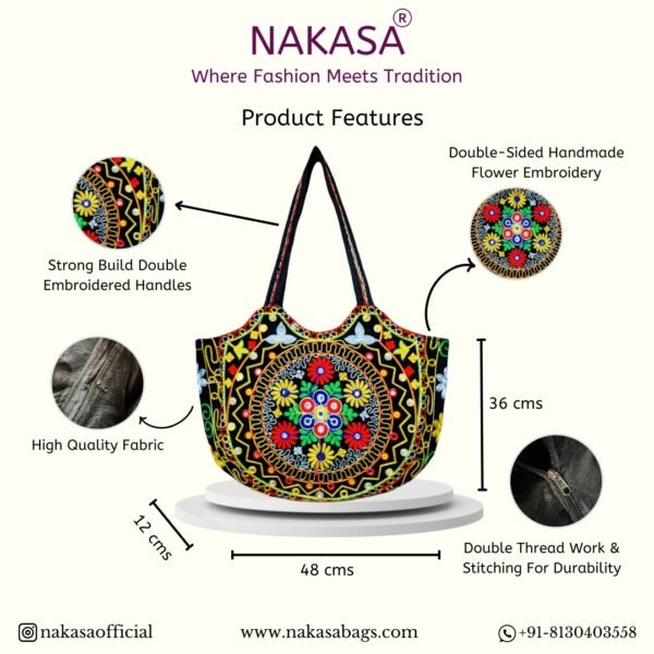 NAKASA Women's Gujarati Handmade Flower Embroidery Large Black Tote Bag