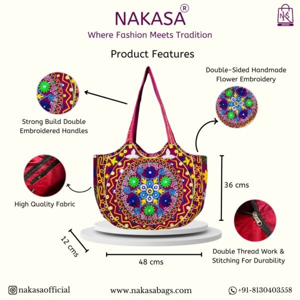 NAKASA Women's Gujarati Handmade Flower Embroidery Large Pink Tote Bag