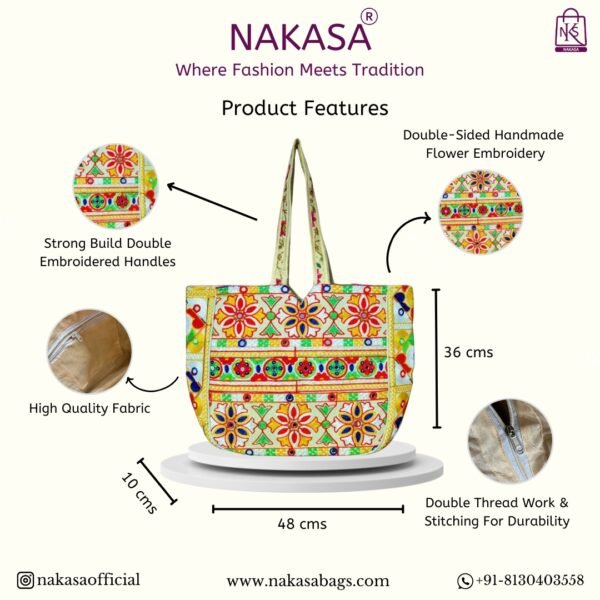 NAKASA Women's Gujarati Handmade Flower Embroidery Large White Tote Bag