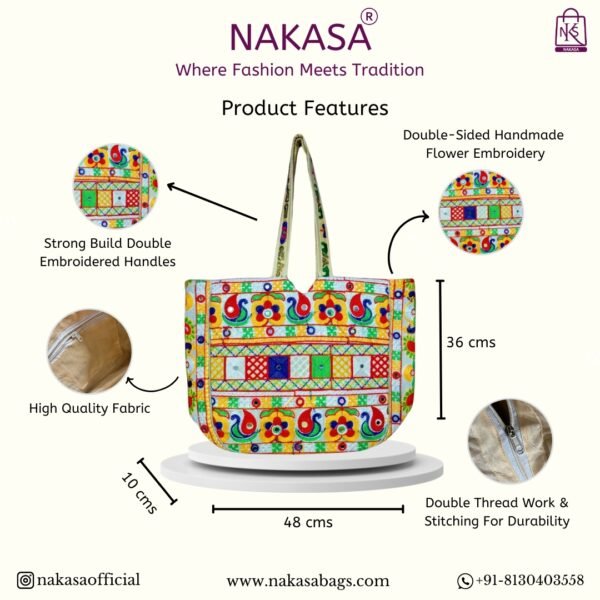 NAKASA Women's Gujarati Handmade Embroidery Large White Tote Bag