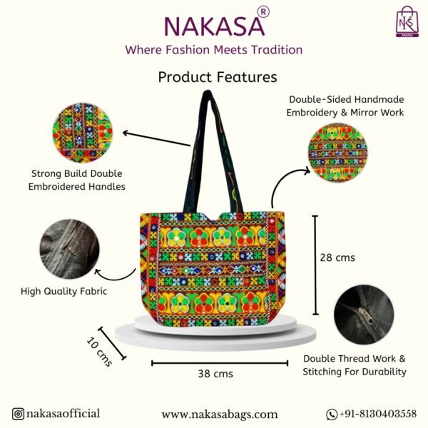 NAKASA Women's Kachchi Handmade Mirror Work Regular Black Tote Bag