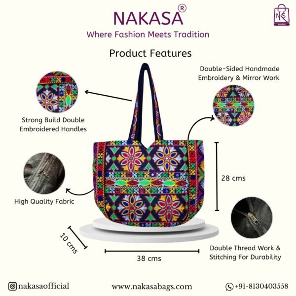 NAKASA Women's Jaipuri Handmade Mirror Work and Flower Embroidery Regular Black Tote Bag