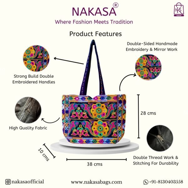 NAKASA Women's Rajasthani Handmade Mirror Work Embroidery Regular Multicolor Tote Bag