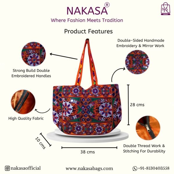 NAKASA Women's Jaipuri Handmade Mirror Work and Flower Embroidery Regular Orange Tote Bag