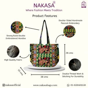NAKASA Women's Rajasthani Handmade Peacock Embroidery Regular Black Tote Bag