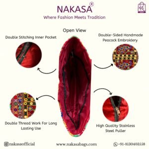 NAKASA Women's Rajasthani Handmade Peacock Embroidery Regular Red Tote Bag