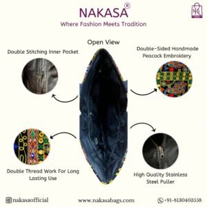 NAKASA Women's Rajasthani Handmade Peacock Embroidery Regular Black Tote Bag