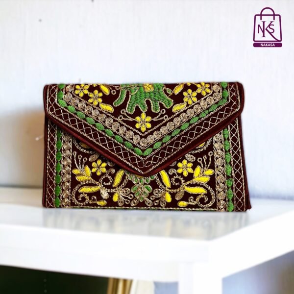 NAKASA Women's Gujarati Handmade Aari Zari Embroidery Small Brown Clutch Bag