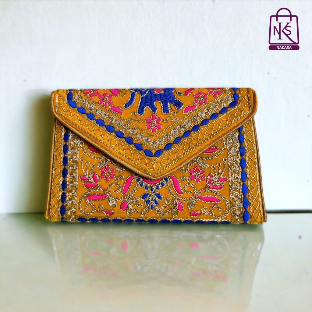 NAKASA Women's Gujarati Handmade Aari Zari Embroidery Small Yellow Clutch Bag