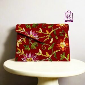 NAKASA Women's Kashmiri Handmade Flower Embroidery Small Red Clutch Bag