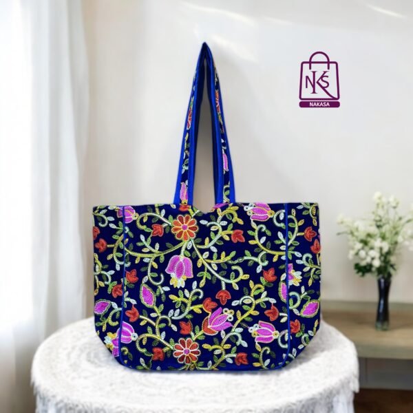 NAKASA Women's Kashmiri Handmade Flower Embroidery Regular Blue Tote Bag