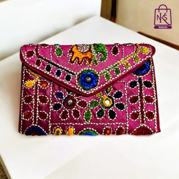 NAKASA Women's Jaipuri Handmade Damru Embroidery Small Pink Clutch Bag