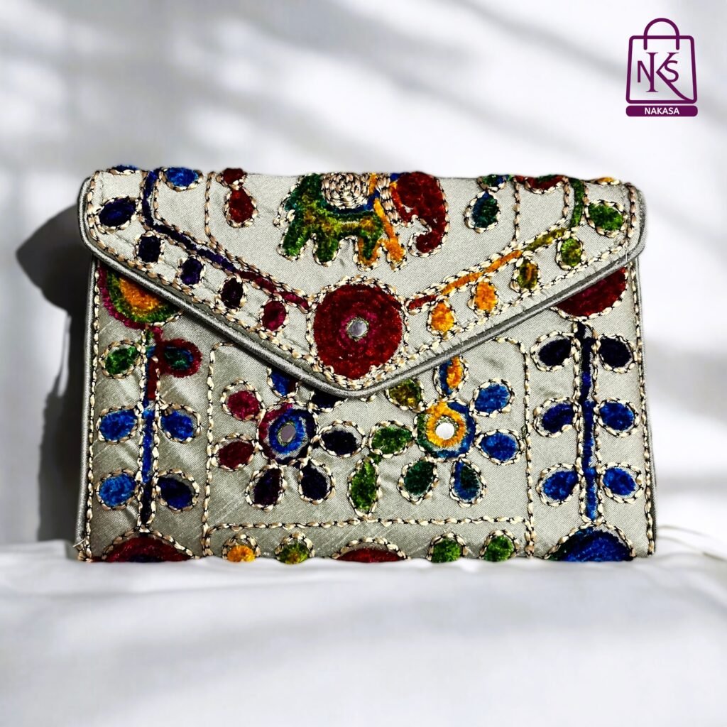 NAKASA Women's Jaipuri Handmade Damru Embroidery Small Silver Clutch Bag