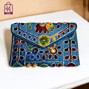 NAKASA Women's Jaipuri Handmade Damru Embroidery Small Sky Blue Clutch Bag