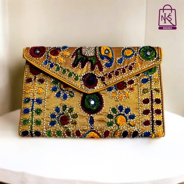 NAKASA Women's Jaipuri Handmade Damru Embroidery Small Yellow Clutch Bag