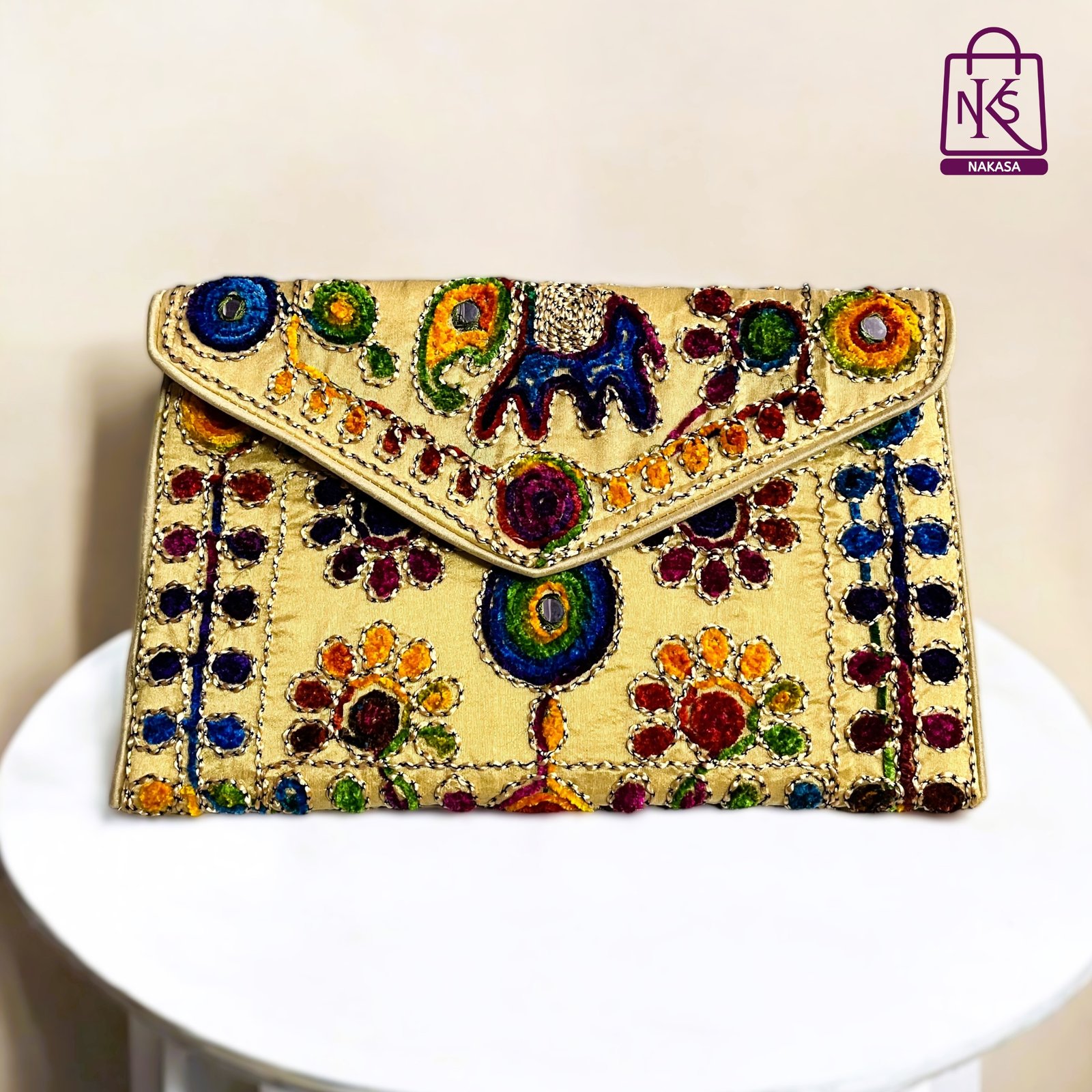 NAKASA Women's Rajasthani Handmade Damru Embroidery Regular Beige Clutch Bag