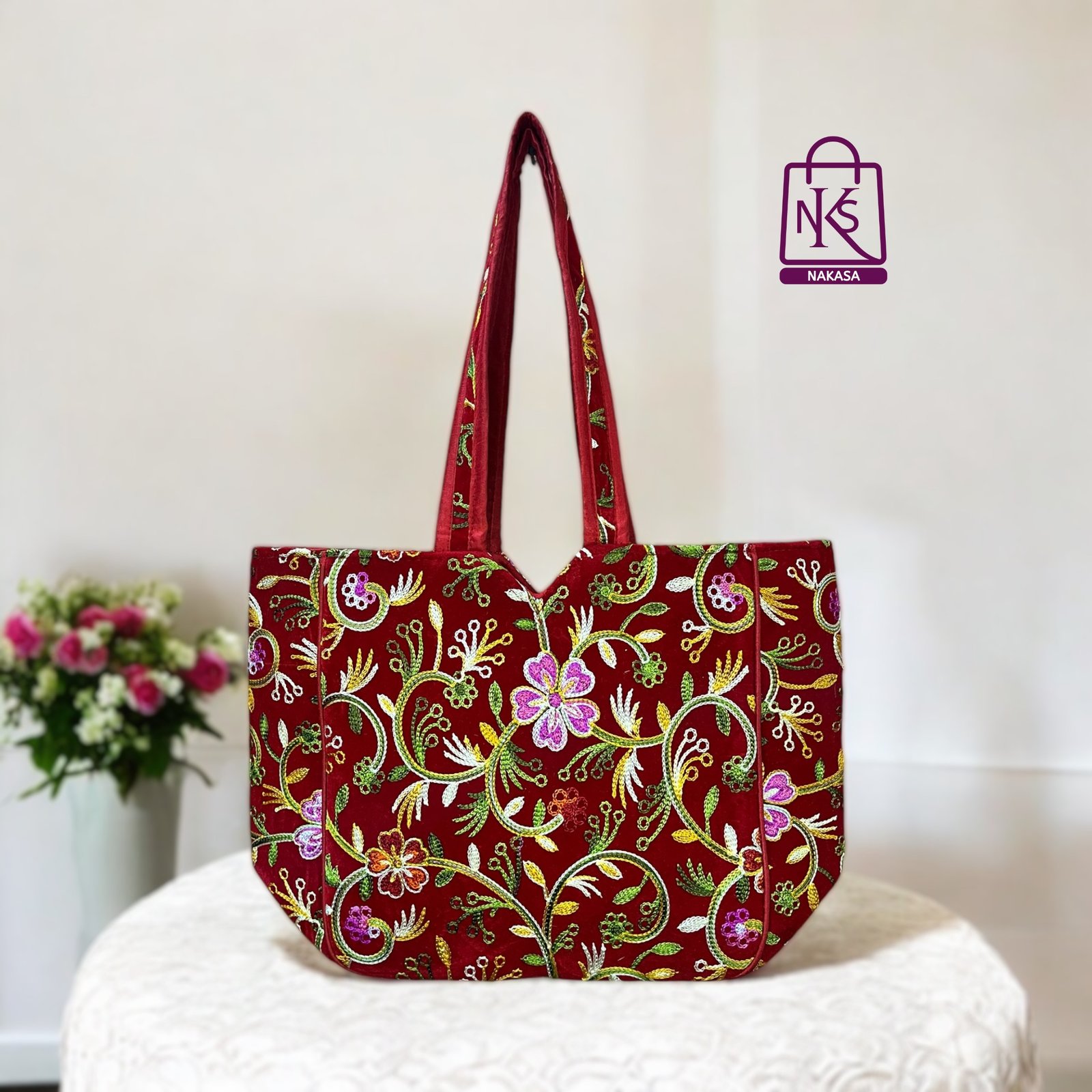 NAKASA Women's Kashmiri Handmade Flower Embroidery Regular Red Tote Bag