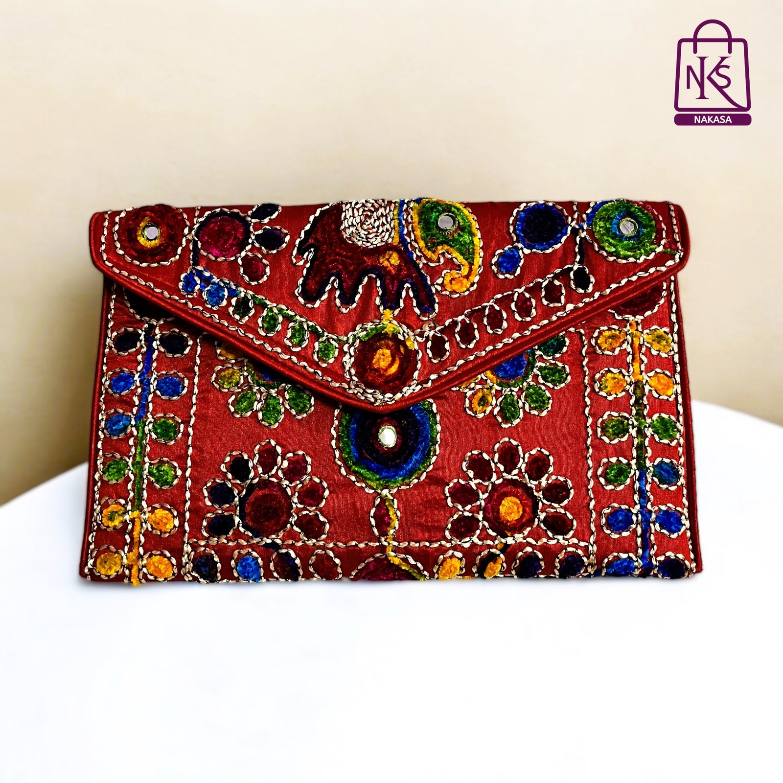 NAKASA Women's Rajasthani Handmade Damru Embroidery Regular Red Clutch Bag