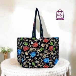 NAKASA Women's Kashmiri Handmade Flower Embroidery Regular Black Tote Bag