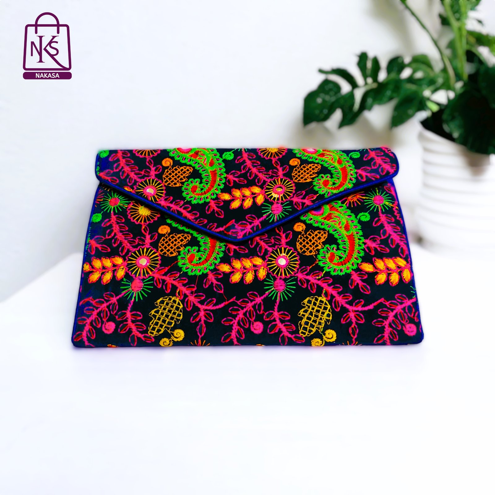 NAKASA Women's Rajasthani Handmade Embroidery Regular Blue Velvet Clutch Bag