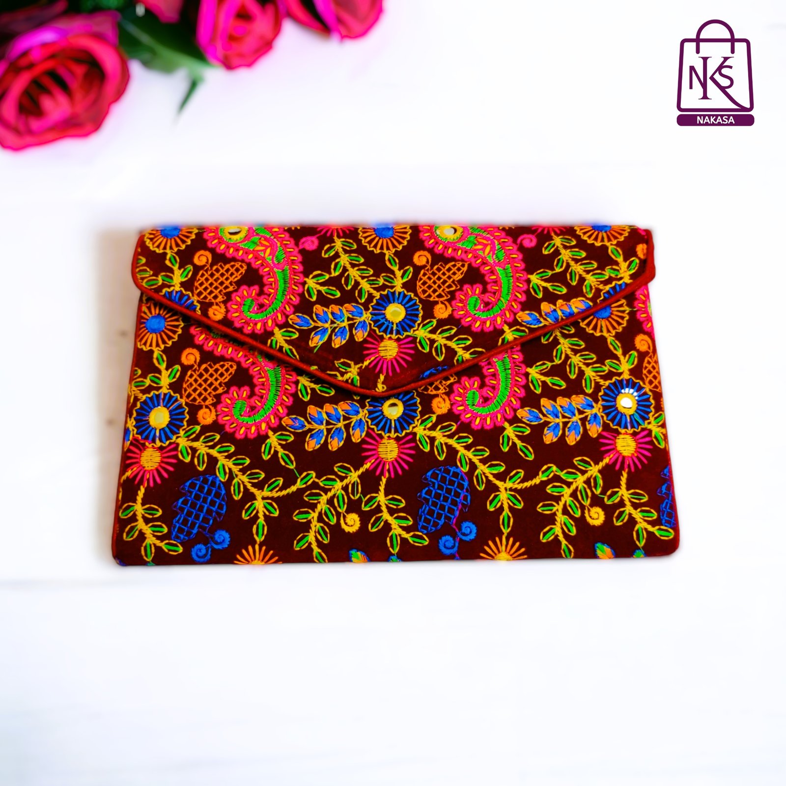 NAKASA Women's Rajasthani Handmade Embroidery Regular Maroon Velvet Clutch Bag