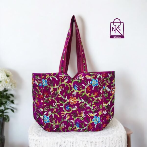 NAKASA Women's Kashmiri Handmade Flower Embroidery Regular Pink Tote Bag