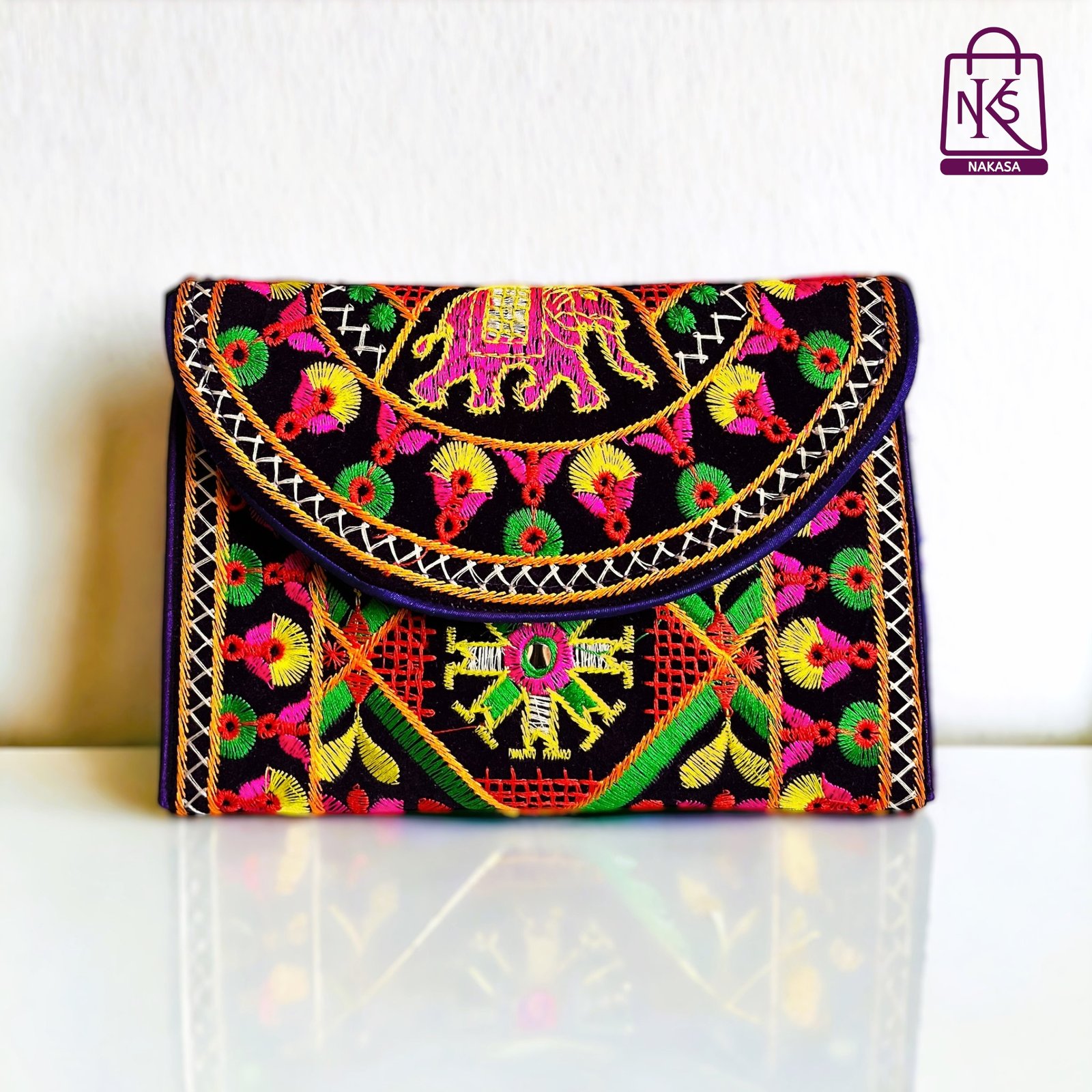 NAKASA Women's Ahmedabadi Handmade Elephant and Flower Embroidery Small Purple Clutch Bag