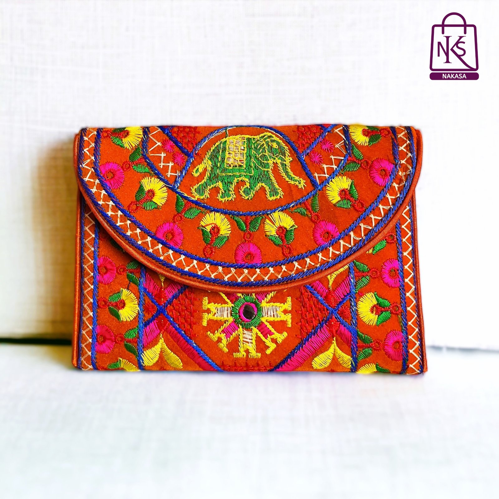 NAKASA Women's Ahmedabadi Handmade Elephant and Flower Embroidery Small Orange Clutch Bag