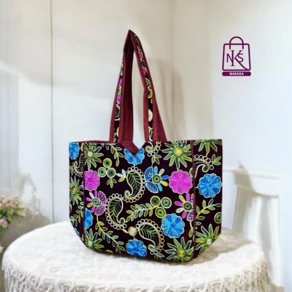 NAKASA Women's Kashmiri Handmade Flower Embroidery Regular Maroon Tote Bag