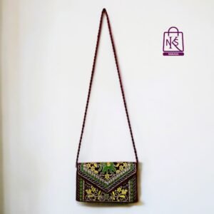 NAKASA Women's Gujarati Handmade Aari Zari Embroidery Small Brown Clutch Bag