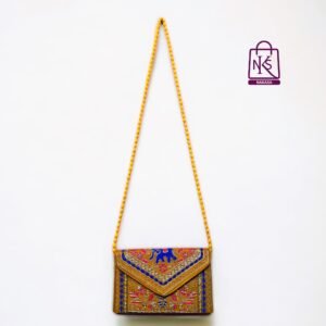 NAKASA Women's Gujarati Handmade Aari Zari Embroidery Small Yellow Clutch Bag