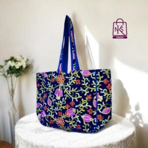 NAKASA Women's Kashmiri Handmade Flower Embroidery Regular Blue Tote Bag