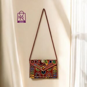 NAKASA Women's Jaipuri Handmade Damru Embroidery Small Red Clutch Bag