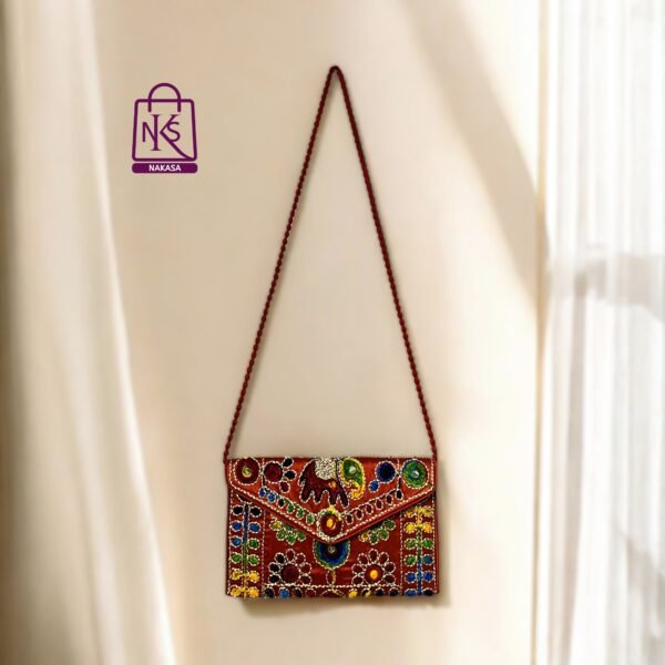 NAKASA Women's Jaipuri Handmade Damru Embroidery Small Red Clutch Bag