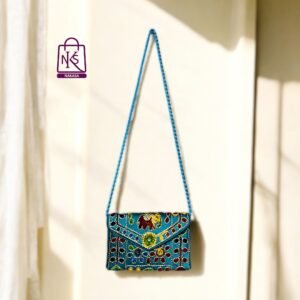 NAKASA Women's Jaipuri Handmade Damru Embroidery Small Sky Blue Clutch Bag