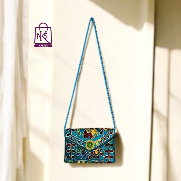 NAKASA Women's Jaipuri Handmade Damru Embroidery Small Sky Blue Clutch Bag