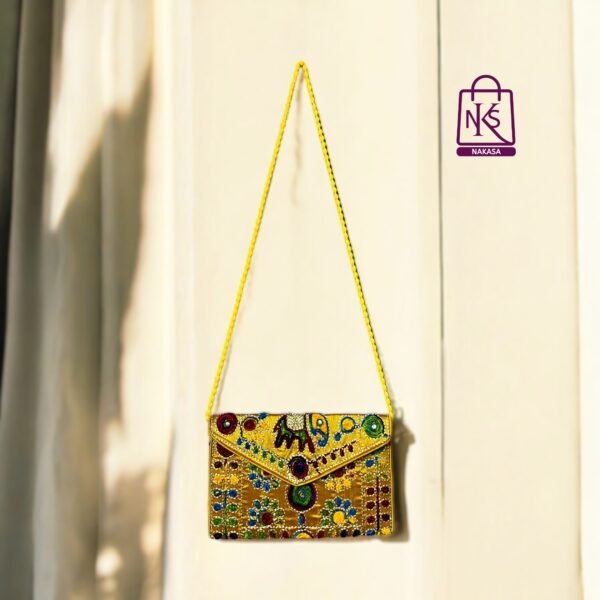 NAKASA Women's Jaipuri Handmade Damru Embroidery Small Yellow Clutch Bag