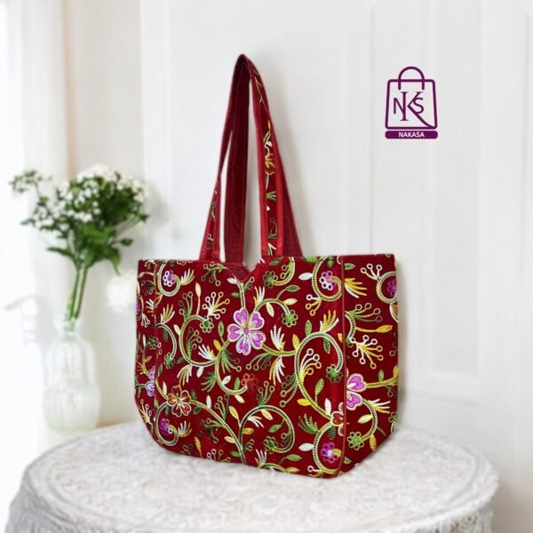 NAKASA Women's Kashmiri Handmade Flower Embroidery Regular Red Tote Bag