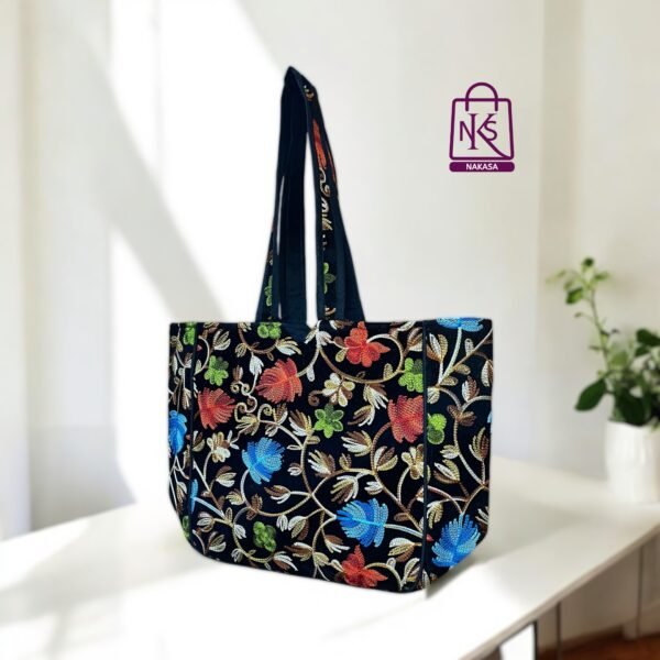 NAKASA Women's Kashmiri Handmade Flower Embroidery Regular Black Tote Bag