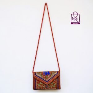 NAKASA Women's Gujarati Handmade Aari Zari Embroidery Small Orange Clutch Bag