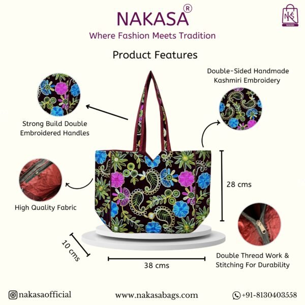 NAKASA Women's Kashmiri Handmade Flower Embroidery Regular Maroon Tote Bag