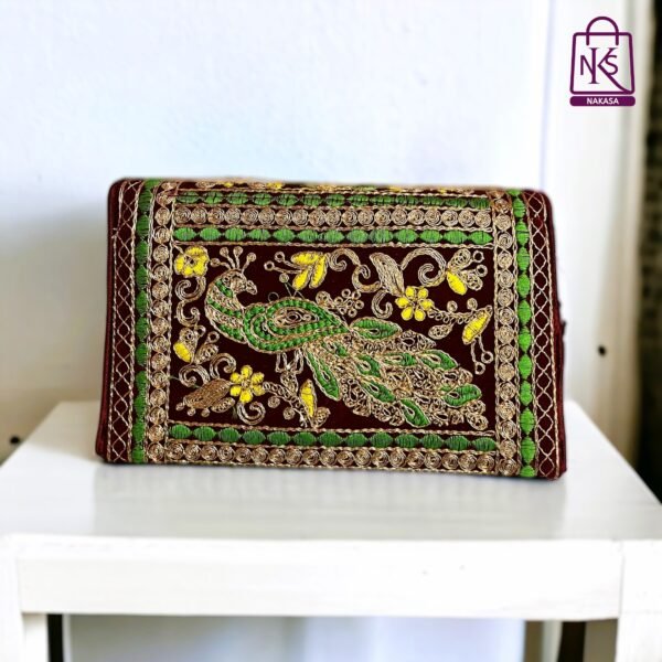 NAKASA Women's Gujarati Handmade Aari Zari Embroidery Small Brown Clutch Bag