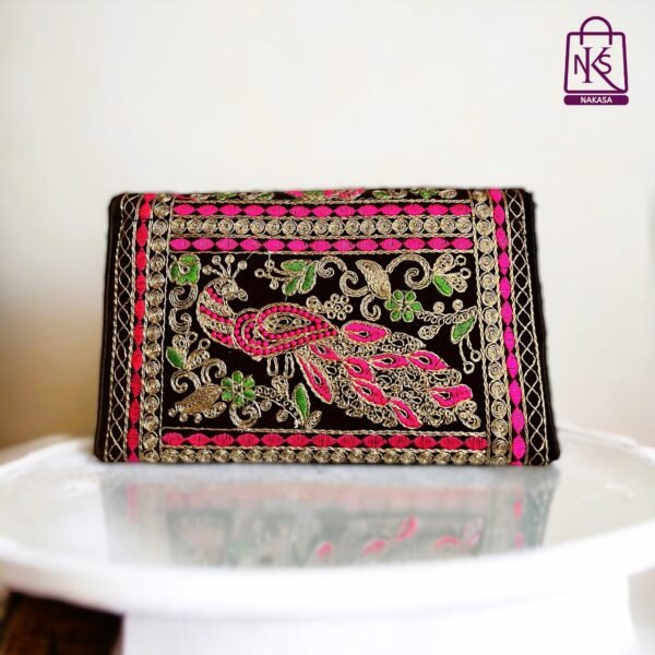 NAKASA Women's Gujarati Handmade Aari Zari Embroidery Small Maroon Clutch Bag