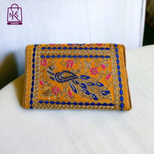 NAKASA Women's Gujarati Handmade Aari Zari Embroidery Small Yellow Clutch Bag