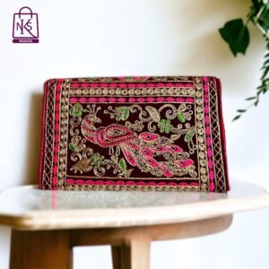 NAKASA Women's Gujarati Handmade Aari Zari Embroidery Small Pink Clutch Bag