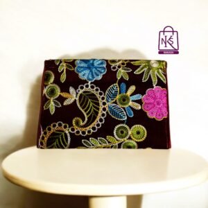 NAKASA Women's Kashmiri Handmade Flower Embroidery Small Maroon Clutch Bag