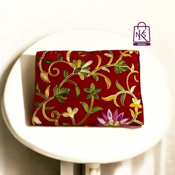 NAKASA Women's Kashmiri Handmade Flower Embroidery Small Red Clutch Bag