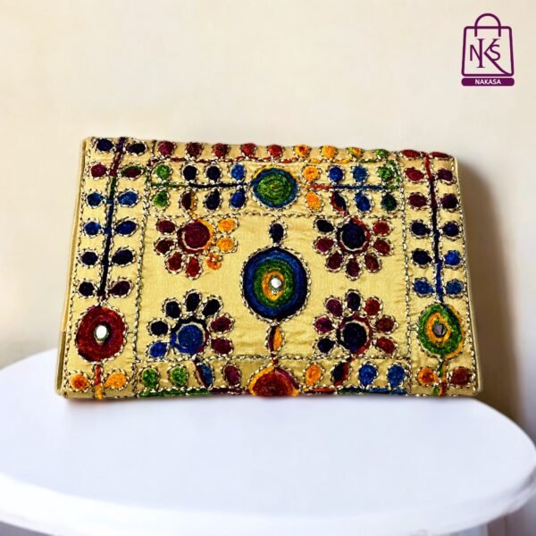 NAKASA Women's Jaipuri Handmade Damru Embroidery Small Beige Clutch Bag