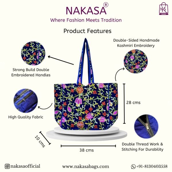 NAKASA Women's Kashmiri Handmade Flower Embroidery Regular Blue Tote Bag