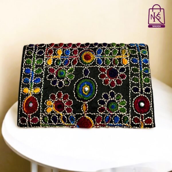 NAKASA Women's Jaipuri Handmade Damru Embroidery Small Black Clutch Bag